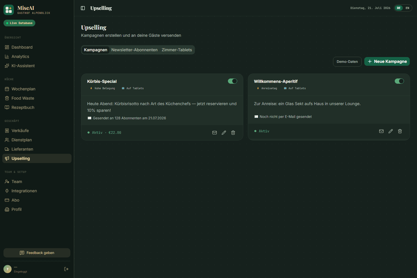Upselling — Kampagnen per Tablet & Newsletter